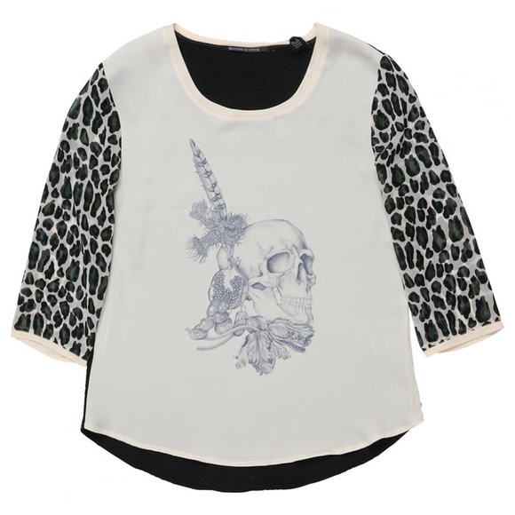 Maison Scotch Skull Feather Print Mixed Media Top - Picture 1 of 5
